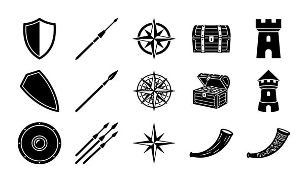 Medieval fantasy adventure icons, 15 black silhouette game assets, ancient warrior equipment and exploration symbols for RPG map design