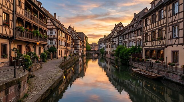 Historic half timbered houses along a peaceful canal at sunset