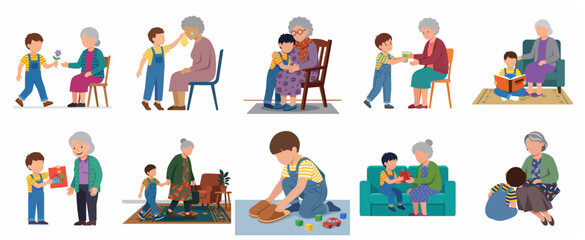 Collection of heartwarming scenes featuring a grandson caring for his grandmother, showing love, kindness, and intergenerational bonding in flat vector illustration style.