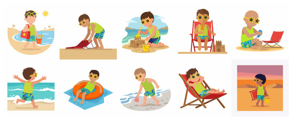 Naklejka premium Cute Boy Character Beach Summer Vacation Activities Illustration Set