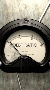 Debt ratio meter showing low levels of debt ratio. Minimum and decreasing debt ratio value, below the norm. Lack of debt ratio. None of it, insufficient.