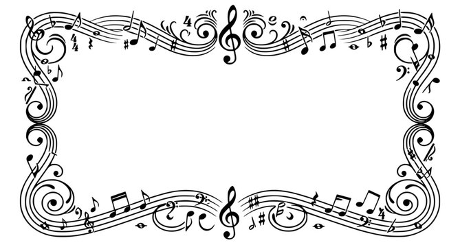 Decorative musical note border with elegant treble clef and sheet music symbols vector isolated on white background
