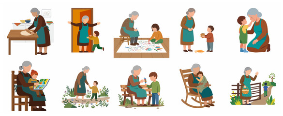 Naklejka premium Flat vector illustration set of grandmother and grandson spending time together, bonding through various activities like baking, reading, and walking.