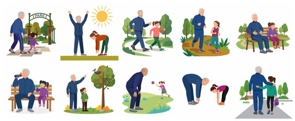 Fototapeta premium Active Grandfather and Granddaughter Enjoying Outdoor Activities and Exercise in the Park Illustration Set