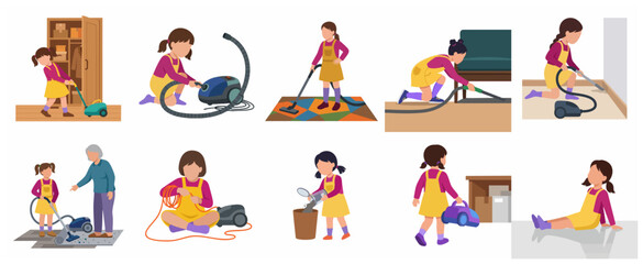 Fototapeta premium Cute Little Girl and Grandmother Performing Household Chores and Vacuuming Floors Vector Illustration Set