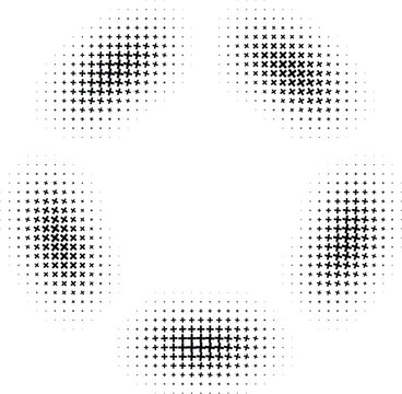 Five circular clusters of black halftone crosses arranged in a pentagon shape on a white background, for abstract