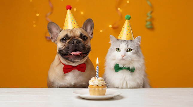 French bulldog and fluffy cat wear party hats and bow ties with cupcake