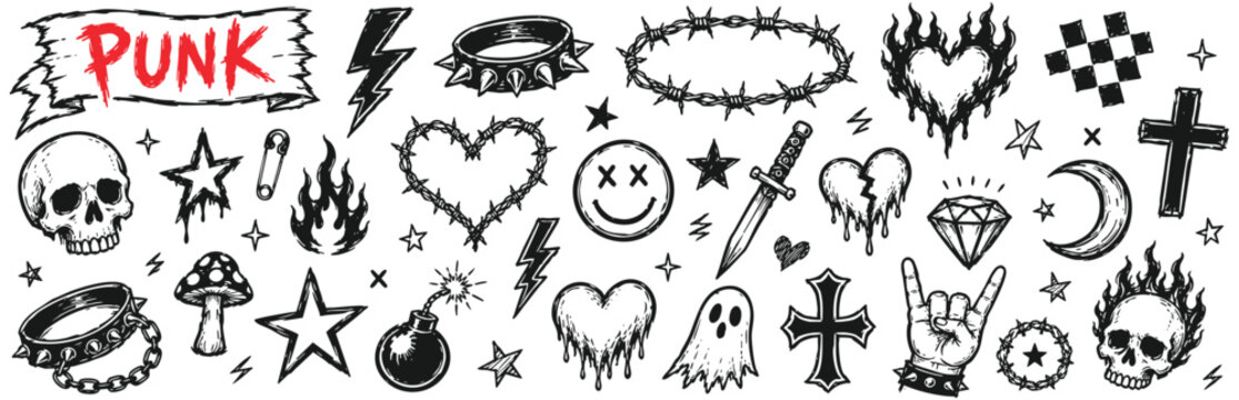 Collection of hand-drawn punk rock style doodles including skulls, hearts, stars, spikes, chains, and symbols isolated on white background.