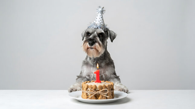 Miniature schnauzer dog wearing party hat with birthday cake and candle
