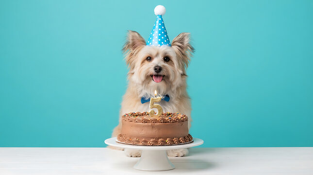 Small fluffy dog wearing blue polka dot party hat with bow tie and birthday cake puppy canine animal