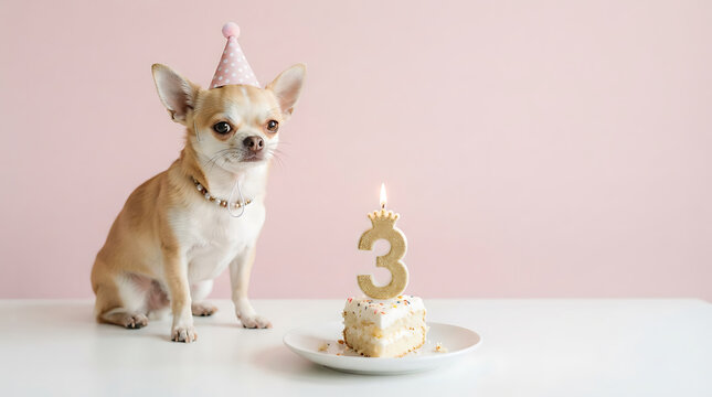Tan chihuahua wearing pink polka dot party hat sits by birthday cake with lit number 3 candle puppy fawn