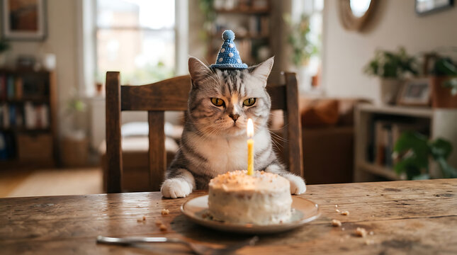 Tabby cat wearing blue party hat stares at lit birthday cake candle feline animal