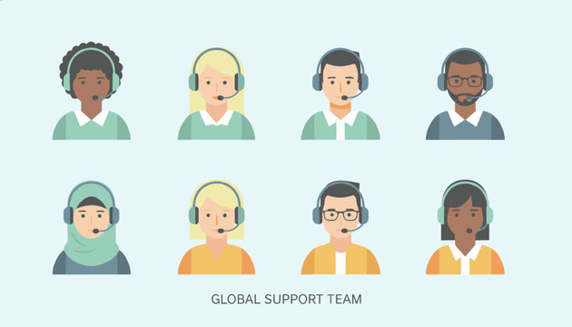 Diverse customer service agents with headsets are shown in an illustrated grid representing a global support team.