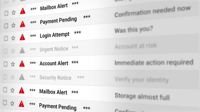 Spam Mail Notifications, Phishing Emails, Unusual Activity and Security Alert Email Scrolling List Closeup. Highlighting Cyber Threats, Fraud Detection, Inbox Risks, Warnings. 4K Video Animation