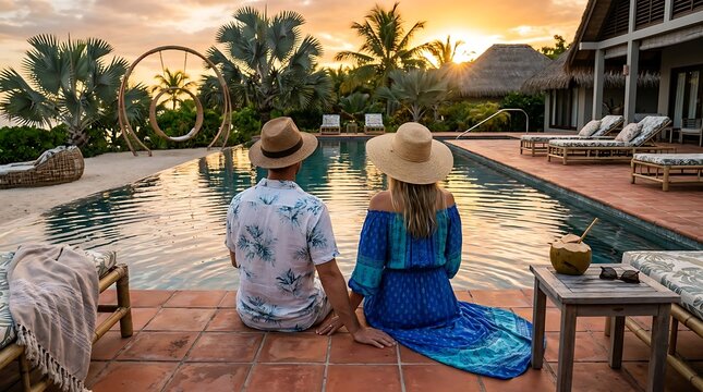 Romantic couple relaxing at tropical poolside during golden hour with vacation tropical relaxing paradise romantic infinity destination