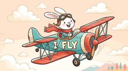 Cute bunny pilot flying vintage biplane in sky, adorable rabbit aviator character in retro airplane vector, nursery art with clouds and soft colors © Iconify Studio