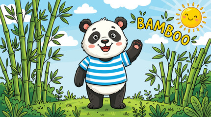 Cute panda bear cartoon character in bamboo forest, happy waving panda in blue striped shirt, sunny outdoor nature landscape vector illustration © Iconify Studio