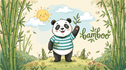 Cute panda bear character in bamboo forest, hand drawn cartoon panda illustration, happy animal in nature with sun and clouds vector © Iconify Studio