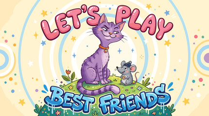 Cartoon cat and mouse illustration with Let's Play Best Friends text, cute purple kitten and grey rat vector, playful animal friendship poster © Iconify Studio