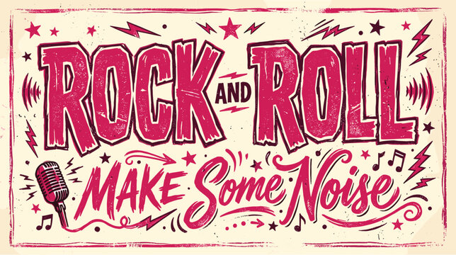 Vintage rock and roll poster vector, retro music typography with make some noise text, hand drawn grunge concert flyer design with microphone