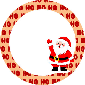 Round Christmas frame border with Santa Claus waving and "HO HO HO" red text pattern on peach background, circular blank template for holiday cards, labels, and stickers.
