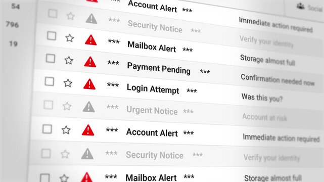 Spam Mail Notifications, Phishing Emails, Unusual Activity and Security Alert Email Scrolling List Closeup. Highlighting Cyber Threats, Fraud Detection, Inbox Risks, Warnings. 4K Video Animation