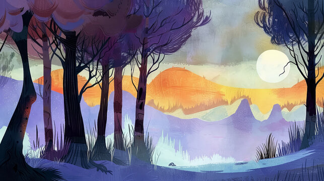 Rural hills and forest panorama watercolor illustration. Ethereal style with pastel colors, suitable as a background or for illustrated books.