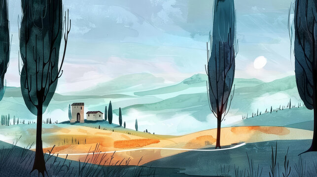 Rural hills and forest panorama watercolor illustration. Ethereal style with pastel colors, suitable as a background or for illustrated books.