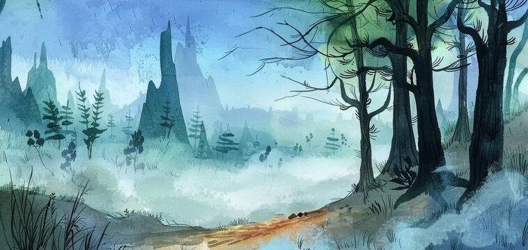 Rural hills and forest panorama watercolor illustration. Ethereal style with pastel colors, suitable as a background or for illustrated books.
