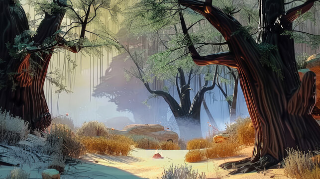 Rural hills and forest panorama watercolor illustration. Ethereal style with pastel colors, suitable as a background or for illustrated books.