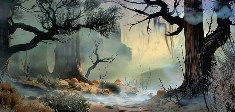 Rural hills and forest panorama watercolor illustration. Ethereal style with pastel colors, suitable as a background or for illustrated books.