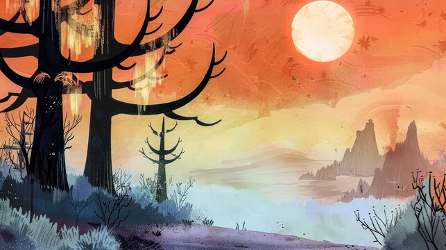 Rural hills and forest panorama watercolor illustration. Ethereal style with pastel colors, suitable as a background or for illustrated books.