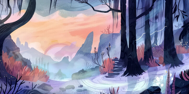 Rural hills and forest panorama watercolor illustration. Ethereal style with pastel colors, suitable as a background or for illustrated books.