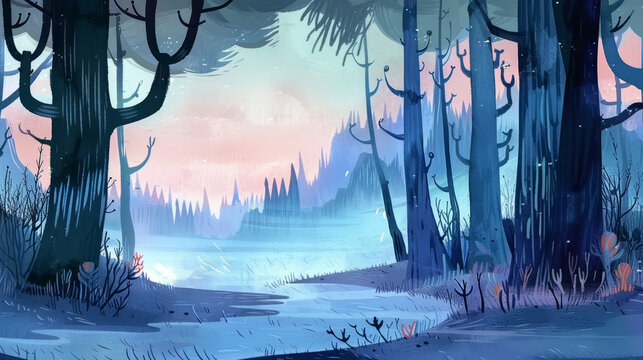 Rural hills and forest panorama watercolor illustration. Ethereal style with pastel colors, suitable as a background or for illustrated books.