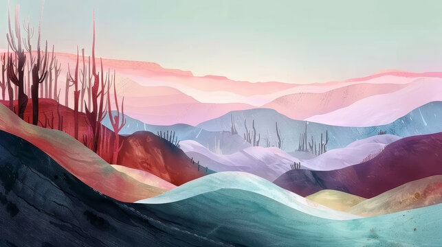 Rural hills and forest panorama watercolor illustration. Ethereal style with pastel colors, suitable as a background or for illustrated books.
