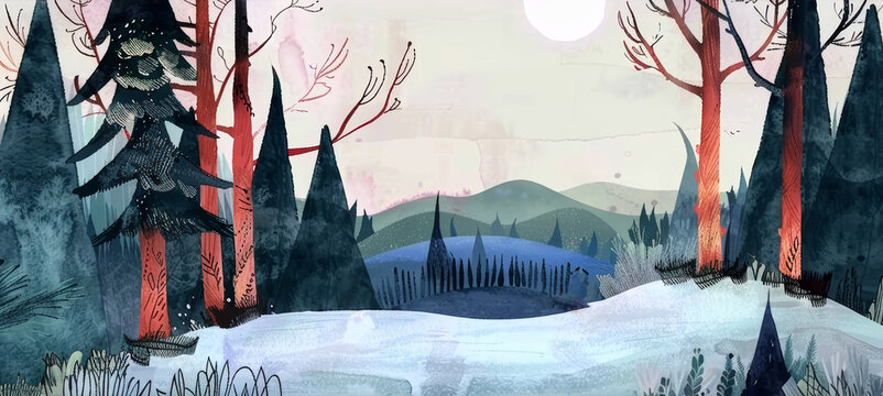 Rural hills and forest panorama watercolor illustration. Ethereal style with pastel colors, suitable as a background or for illustrated books.