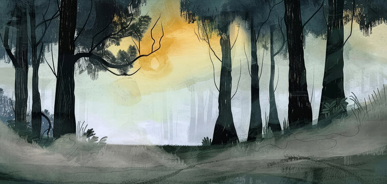 Rural hills and forest panorama watercolor illustration. Ethereal style with pastel colors, suitable as a background or for illustrated books.
