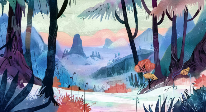 Rural hills and forest panorama watercolor illustration. Ethereal style with pastel colors, suitable as a background or for illustrated books.