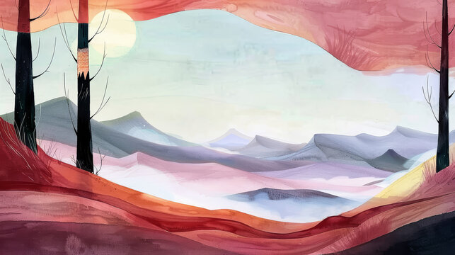 Rural hills and forest panorama watercolor illustration. Ethereal style with pastel colors, suitable as a background or for illustrated books.