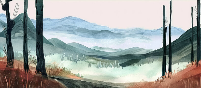 Rural hills and forest panorama watercolor illustration. Ethereal style with pastel colors, suitable as a background or for illustrated books.
