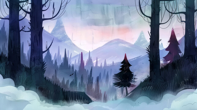 Rural hills and forest panorama watercolor illustration. Ethereal style with pastel colors, suitable as a background or for illustrated books.