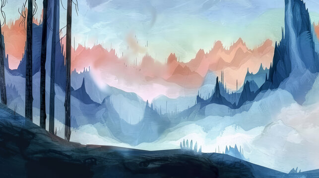 Rural hills and forest panorama watercolor illustration. Ethereal style with pastel colors, suitable as a background or for illustrated books.