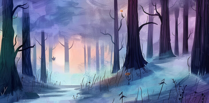 Rural hills and forest panorama watercolor illustration. Ethereal style with pastel colors, suitable as a background or for illustrated books.