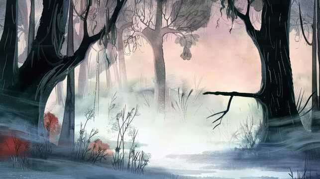 Rural hills and forest panorama watercolor illustration. Ethereal style with pastel colors, suitable as a background or for illustrated books.