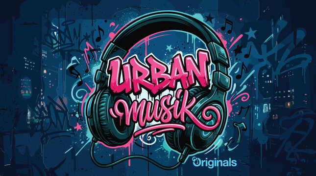 Urban Musik graffiti vector illustration, street art style headphones with pink typography, hip hop music poster design with neon spray paint effects