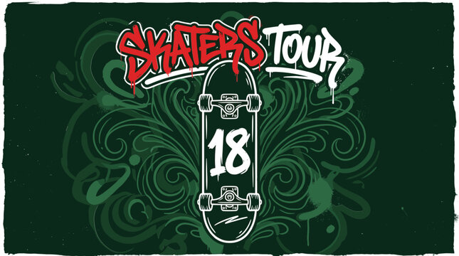Vintage Skaters Tour graffiti vector illustration, urban skateboard graphic with number 18, retro street culture apparel design on dark green background