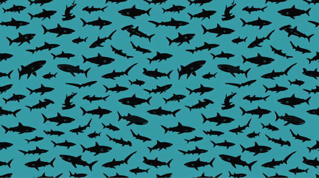 Seamless shark pattern with black silhouettes on teal background, aquatic predator wallpaper vector, repeating marine life fabric design