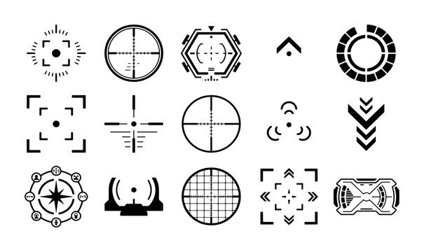 Futuristic crosshair icons set, 15 black vector sniper aim reticles, sci-fi HUD target interface elements for gaming and military UI design