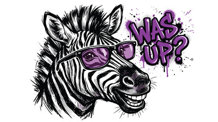 Obraz premium Cool zebra wearing purple sunglasses with Was Up graffiti text, urban street art animal vector, hand drawn sketch of a smiling zebra