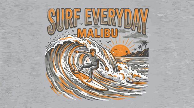 Vintage surf everyday malibu t-shirt design, retro surfer riding ocean wave vector illustration, tropical beach sunset apparel graphic